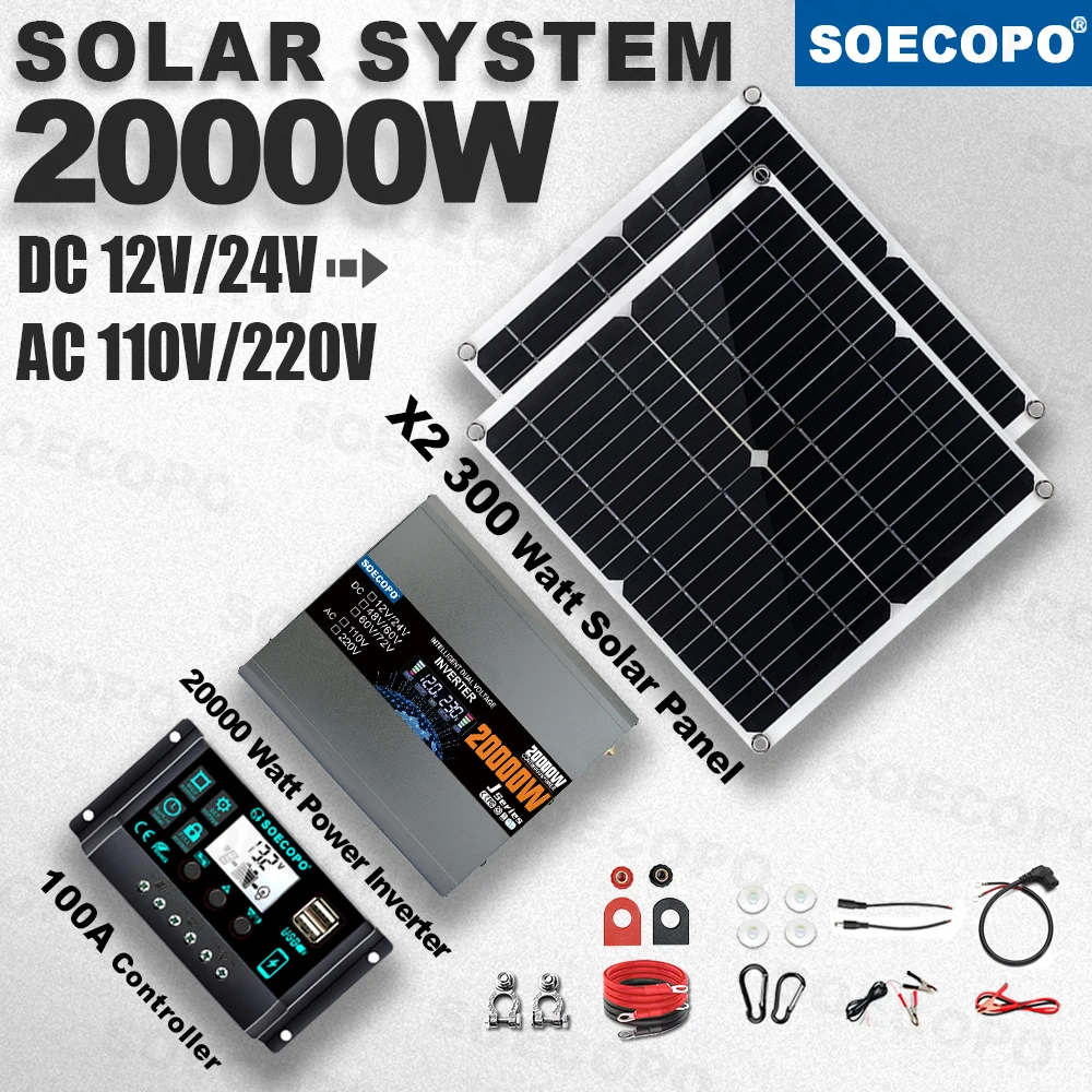 

SOECOPO 20000W Peak Solar Kit 2 Efficient Panels 100A Controller 12V/24V To 220V 110V Inverter for Emergency Power Camp RV Boat