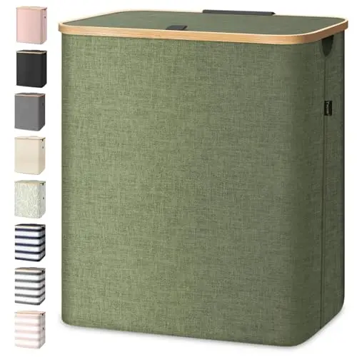 

Корзина для белья BALEINE с крышкой, высокие корзины для белья с бамбуковыми ручками, большая корзина для белья с внутренней опорой (36 галлонов)