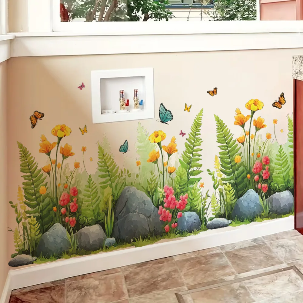 2pcs Watercolor Grass and Flower Clusters and Butterflies, Living Room Entrance Wall Base Decoration Wall Stickers