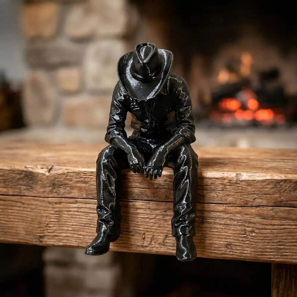 Western Style Sad Sitting Cowboy Sculpture Pensive 3D Printed Hanging Head Cowboy Statue Lonely Vintage