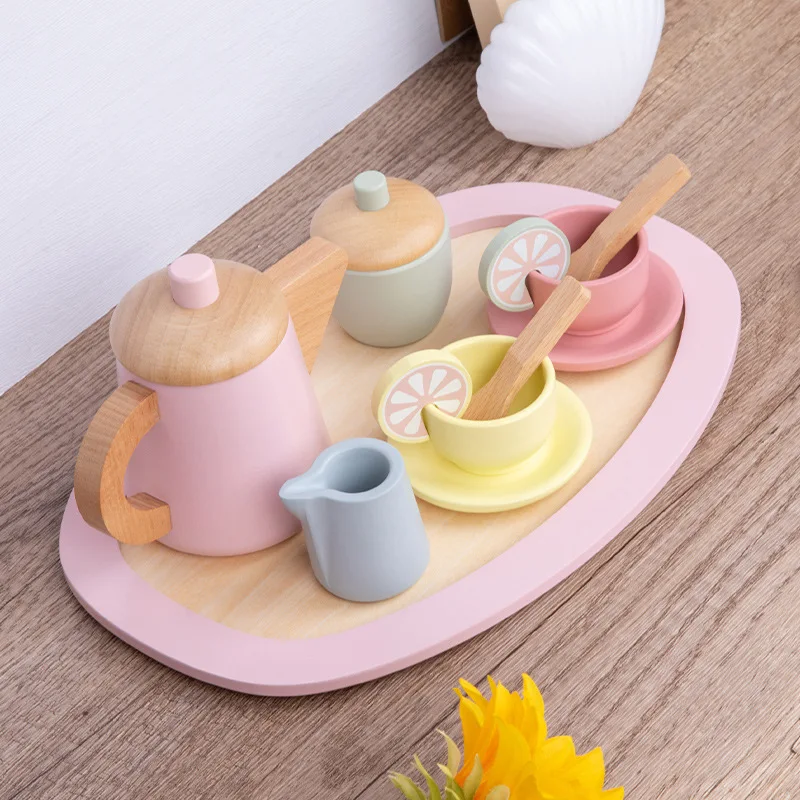 Girl\'s House Simulation Afternoon Tea Baby Wooden Educational ToysTea Set Puzzle Toys Wooden Pretend Play Toys