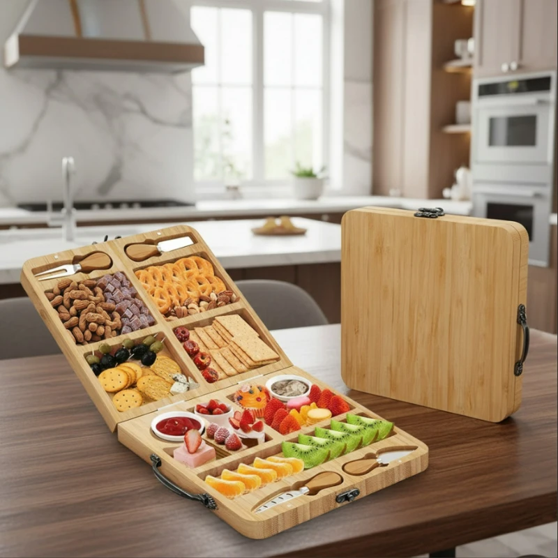Bamboo Charcuterie Boards Gift Set, with Stainless Steel Utensils and Bowls Foldable Fruit Bread Cutting Board, New Home Gift