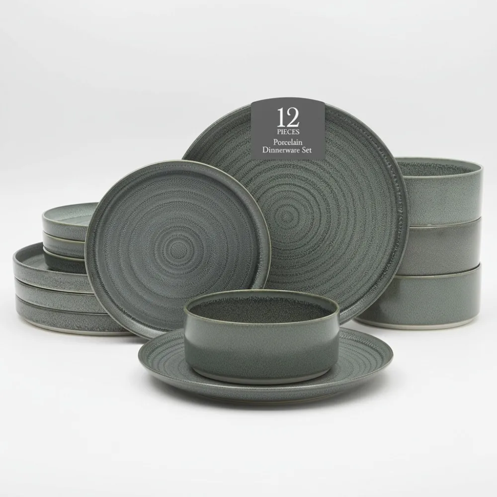 

Современный штабелируемый набор столовой посуды, 12 предметов, фарфоровые тарелки, миски, реактивная глазурь, синий сервиз для 4 человек