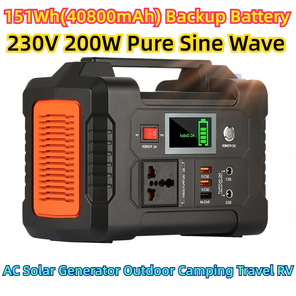 Pure Sine Wave AC Solar Generator, Viagem de acampamento ao ar livre, RV Power Station portátil, 151Wh, Bateria de backup 40800mAh, 230V, 200W