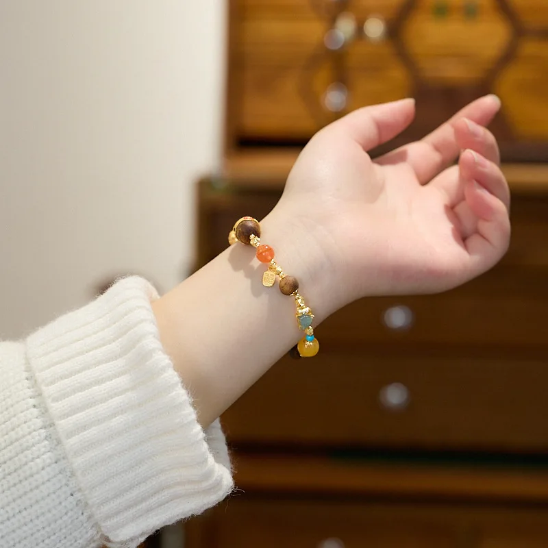 New Chinese Style Natural Agarwood Multi Gem Bracelet with S925 Silver South Red Agate Beeswax Beads Gifts