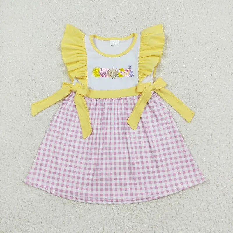 New rts baby girls summer dresses wholesale boutique embroidered shell castle beach ball pink white plaid yellow girls dress