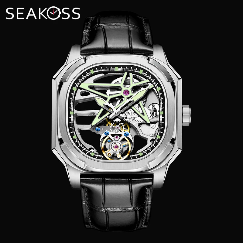 AESOP Flying Men's Tourbillon Watch Super Luminous Skeleton Hollow Tonneau Man Mechanical Wristwatches Sapphire Clock Waterproof