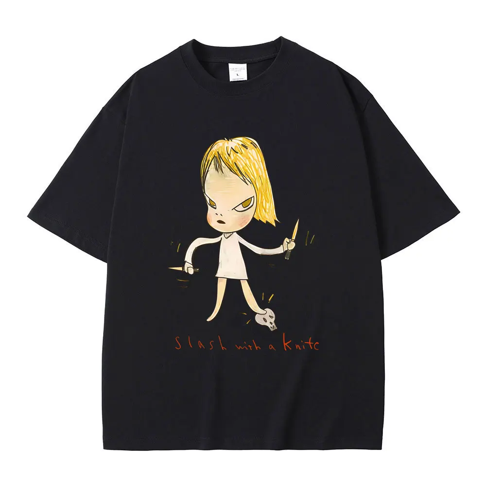 Yoshitomo Nara Slash with A Knite T-shirt Men Women Casual Soft Cotton T Shirts Male Funny Tshirt Unsiex Vintage Oversized Tops