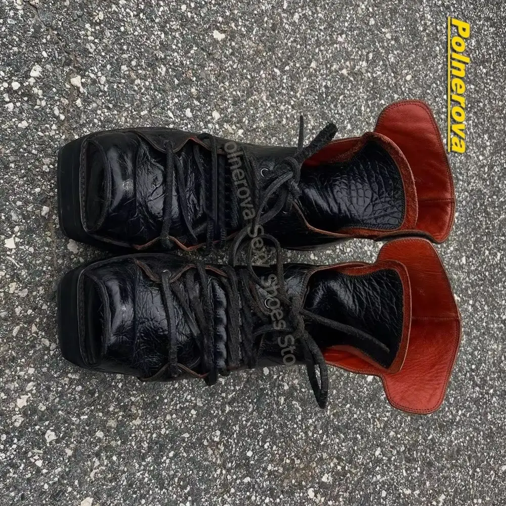 Vintage Black Croc-Effect Platform Boots Women Square Toe Lace Up Thick Sole Gothic Dark Street Style Footwear 2026 New Arrivals