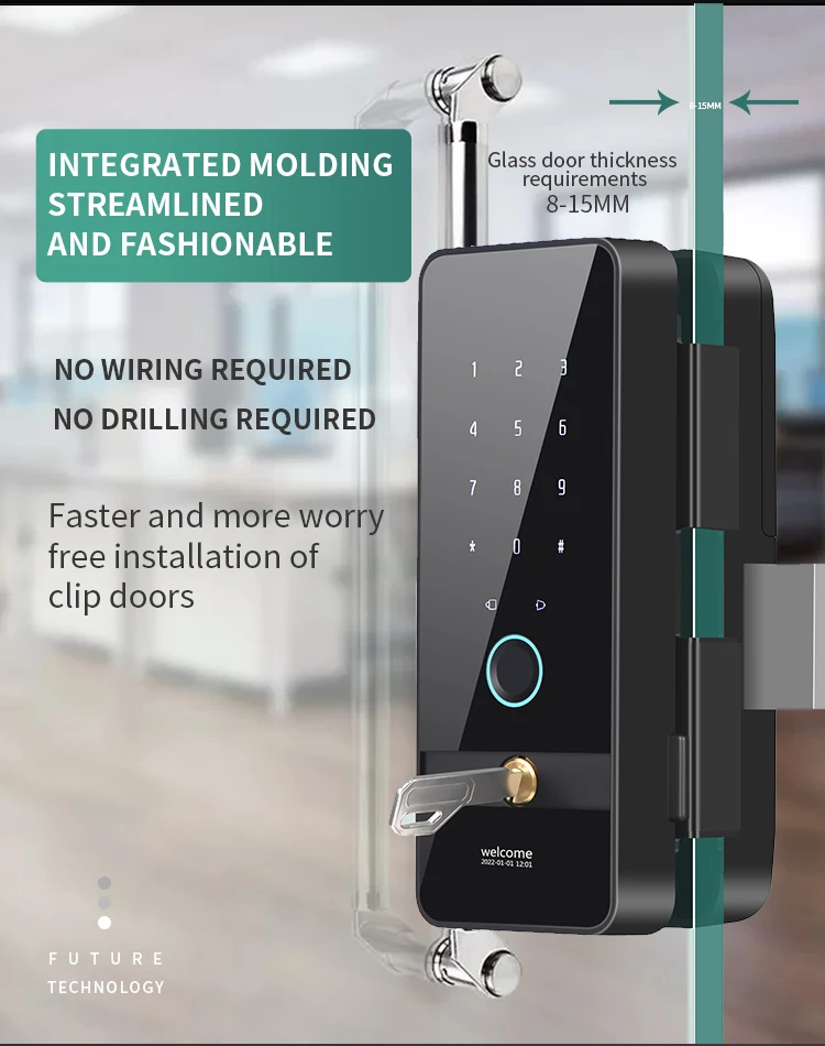 Commercial Security Smart Lock With Fingerprint Reader APP Control Digital Glass Door Lock With Key Backup For Commercial Spaces
