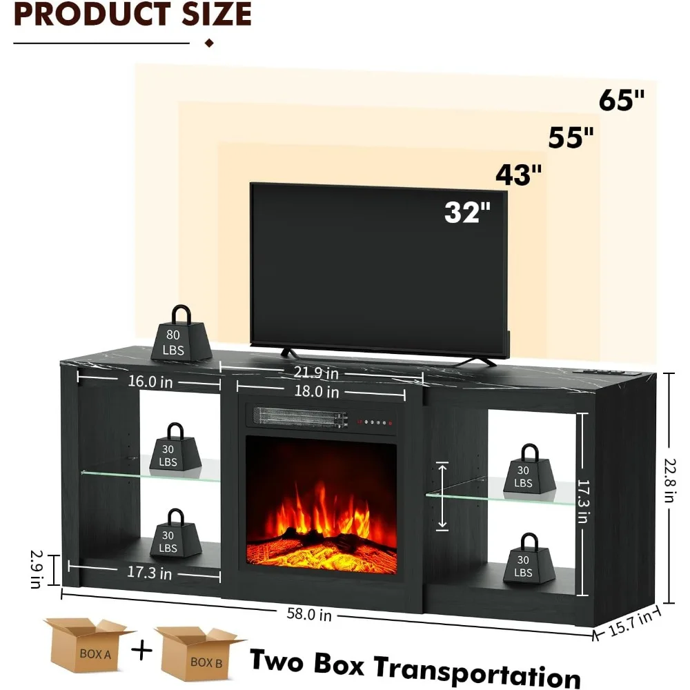 ty-58inch Electric Fireplace TV Stand for 65'' TV-Entertainment Center with 18'' Fireplace and Led Light-TV Console, Customized-