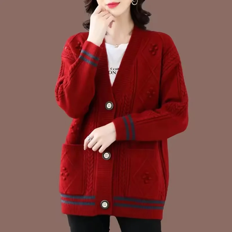 Autumn Winter New Korean Long Sleeved Knitwear Women's Loose Sweater Coat V-neck Solid Color Cardigan Jacket Mother Sweaters