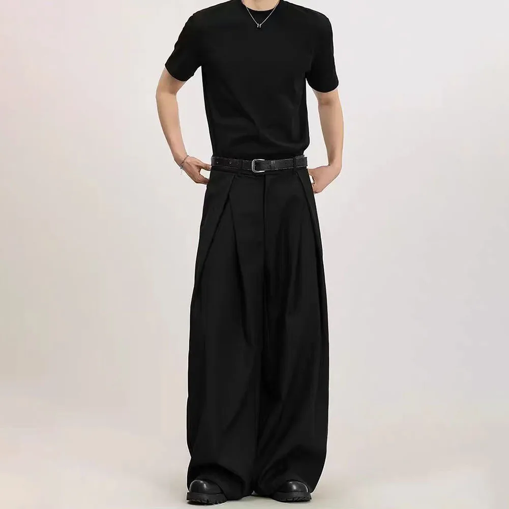 Men Retro Wrinkle Design Suit Pants Wide-Leg High Street Korean Trousers Pleated Baggy Formal Trousers Streetwear
