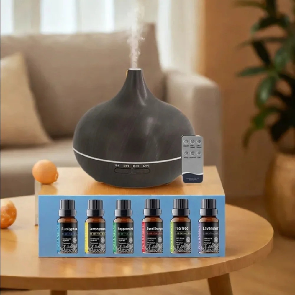 

Aroma Diffuser with Remote Control Timer 7 colors LED Light 550ml Cool Mist maker Humidify For Home bedroom office Wood Grain