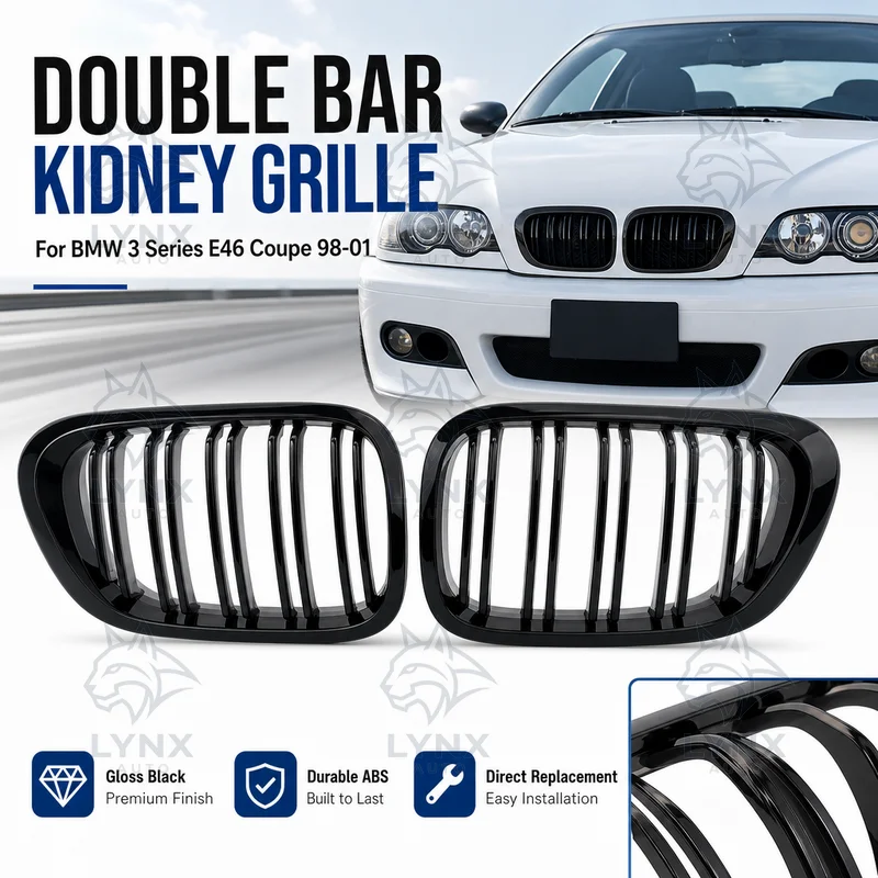 For BMW 3 Series E46 Coupe 98-01 Modified Double Bar Gloss Black Replacement Kidney Grille Intake Grille Double Line