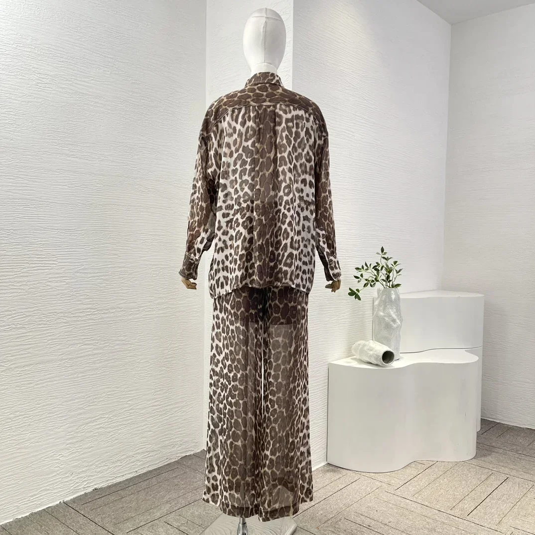 New Collection Women Loose Brown Leopard Print Long Sleeve Blouse Tops and Pants Set for Holiday