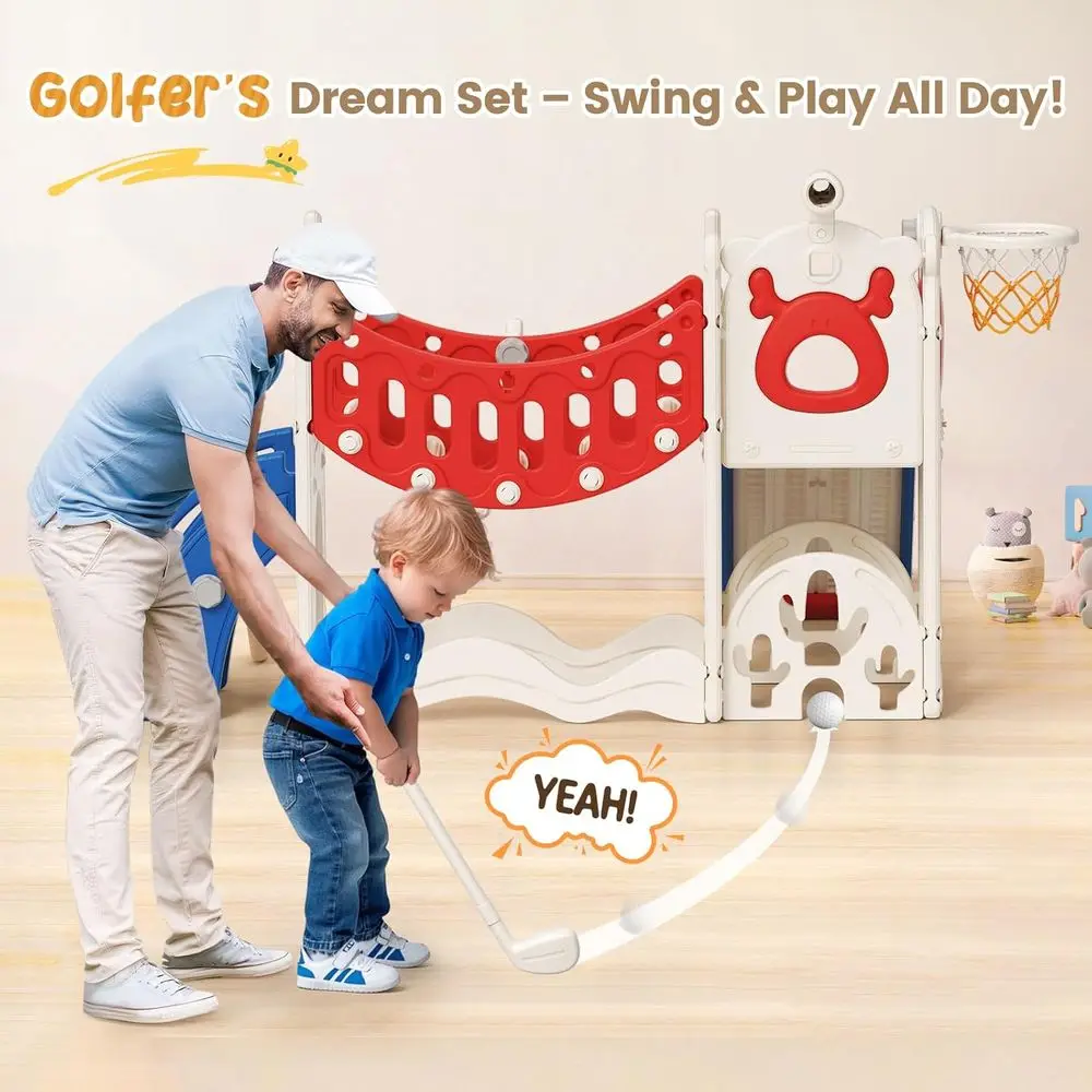 10 in 1 유아 놀이 세트: 미끄럼틀, 미술판, 골프, 농구, 수납함, 1-3세용, 실내 및 실외 사용 가능 (블루/레드)