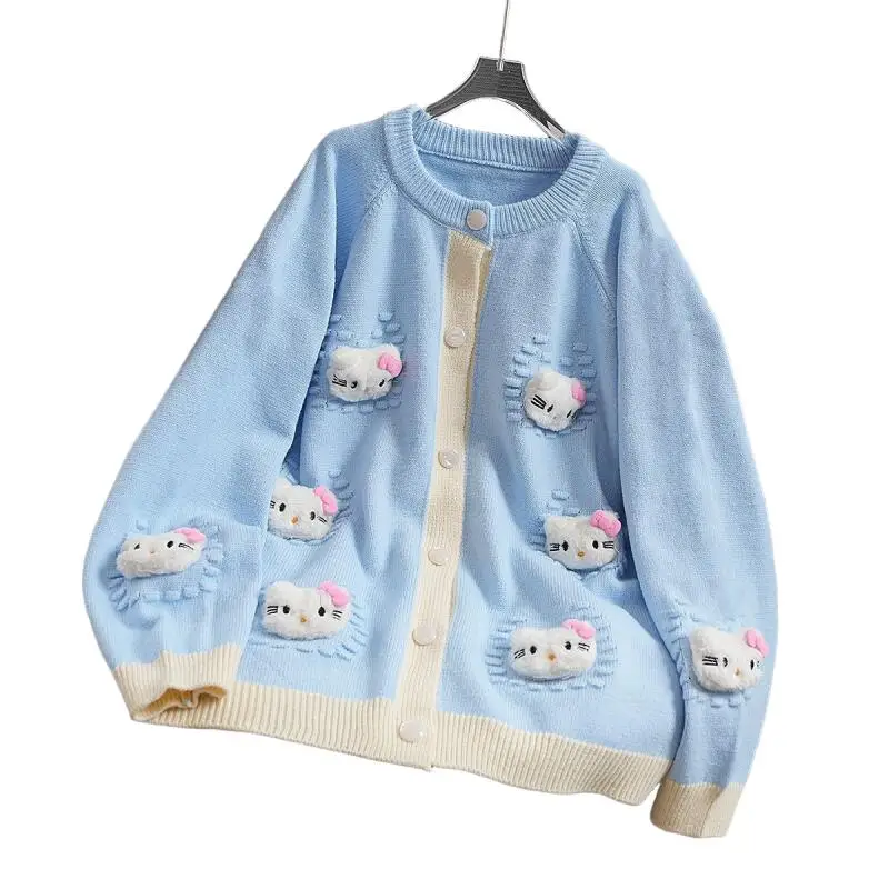 

Sanrios Cartoon Hello Kittys Knitted Sweater Cardigan 2026 Autumn New Sweet Girl Commuting Coat Loose Kawaii Jacket Holiday Gift