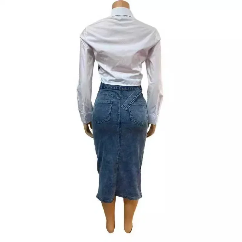 Setelan Rok Denim Wanita 2 Potong Atasan Kemeja Patchwork Kerah Lipat Sabuk Saku Overshirt Rok Lurus Pakaian Distressed