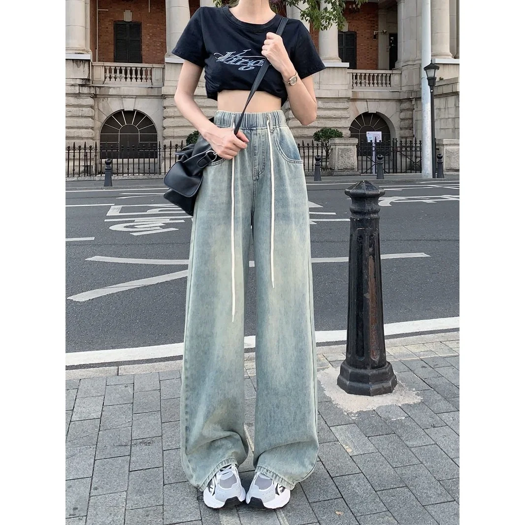 Lange Damen-Hose mit lockerer Passform, schlankmachender Wirkung, Stretch-Denim, bodenlange Hose, hohe Taille, weites Bein, gerades Bein