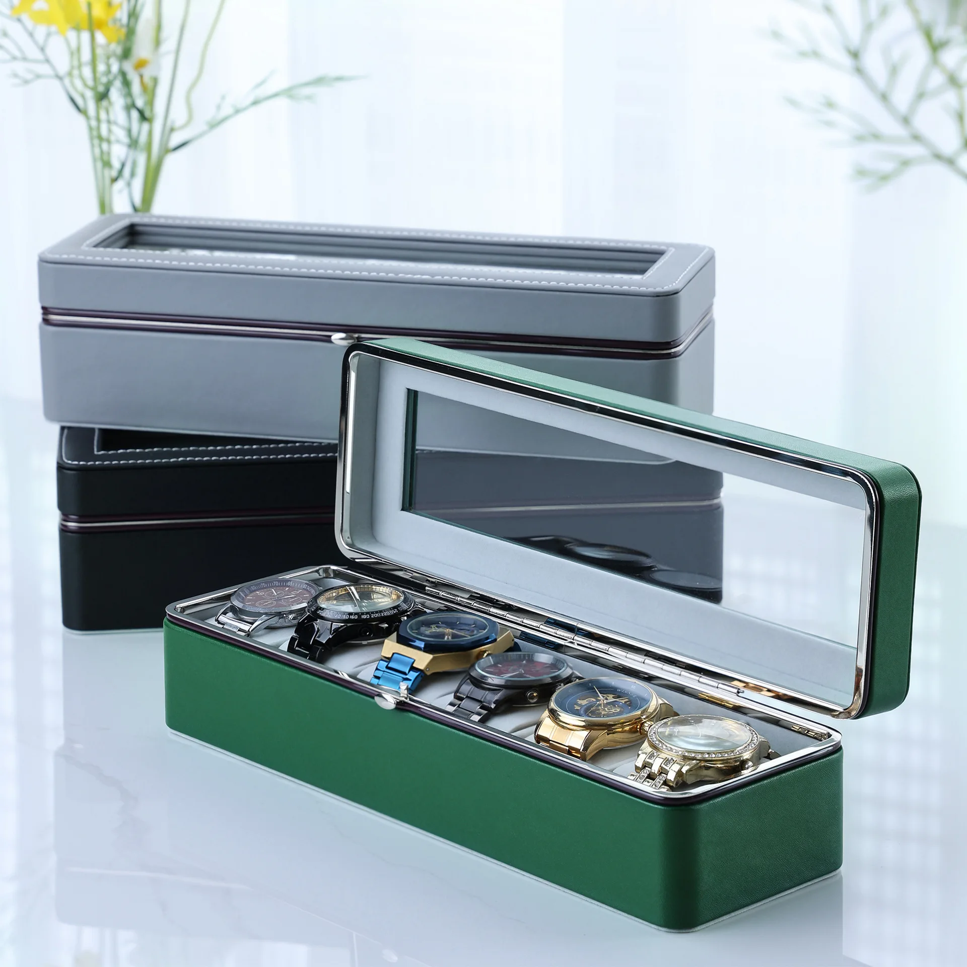

Watch Box 6 Grids PU Leather Watch Case Watch Storage Box for Quartz Watches Jewelry Boxes Display Portable Zipper Case Gift
