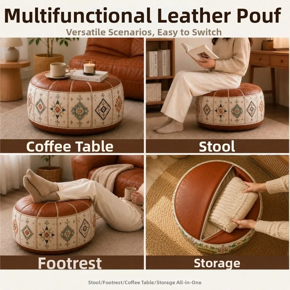 Boho Pattern Ottoman Pouf Fillable Design PU Leather Footstool Cover Large Opening Water Resistant Floor Seat Cushion