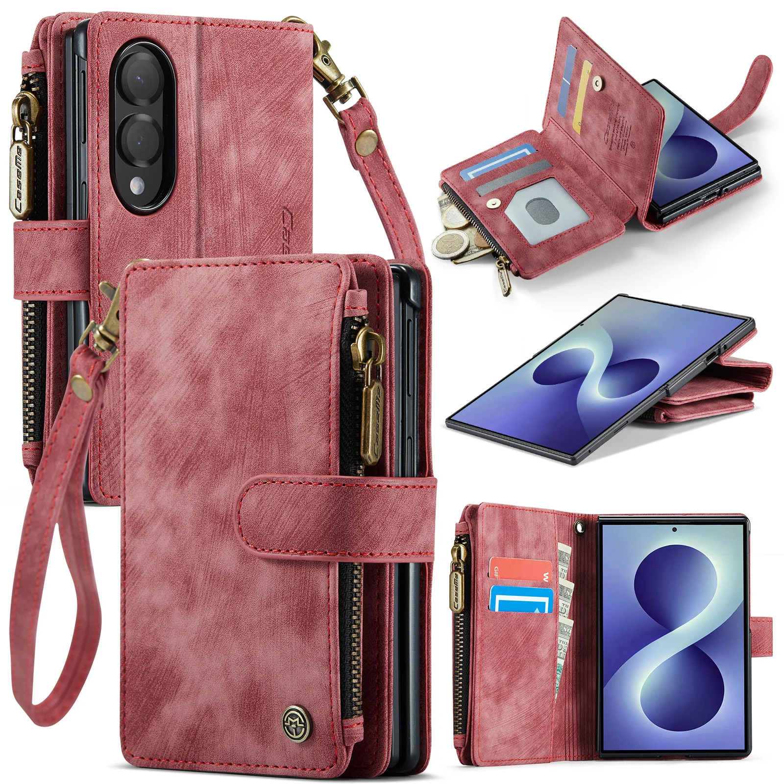Fashion Zipper Flip Multi Cards Solt Leather Case for Samsung Galaxy Z Fold8 Fold 8 Wide Shockproof Book Stand for Magsafe Cover