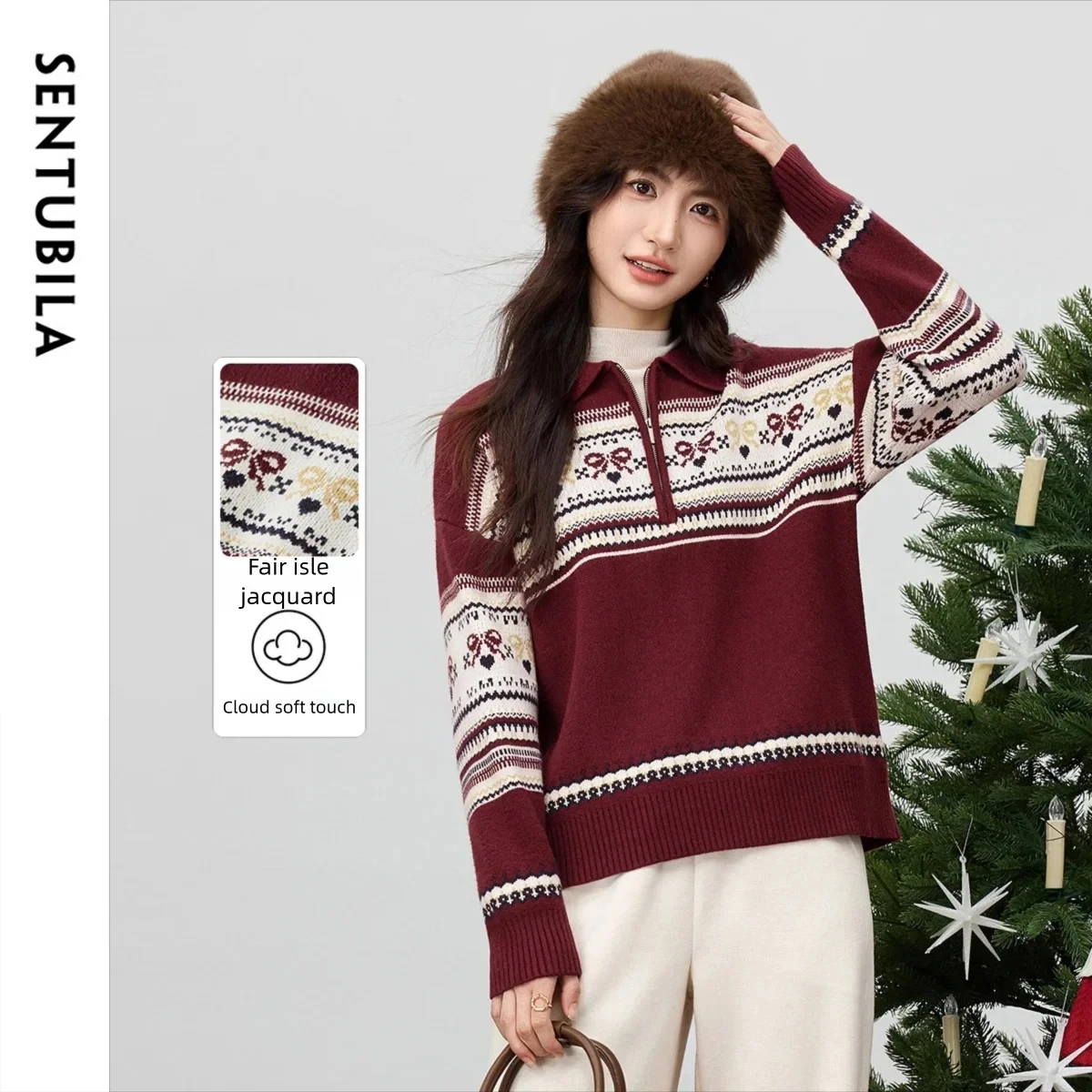 

SENTUBILA Women's Fair Isle Pullover 2025 Autumn Iceland Series Lapel Half Open Zipper Core Spun Yarn Knitted Sweater W54EH3151