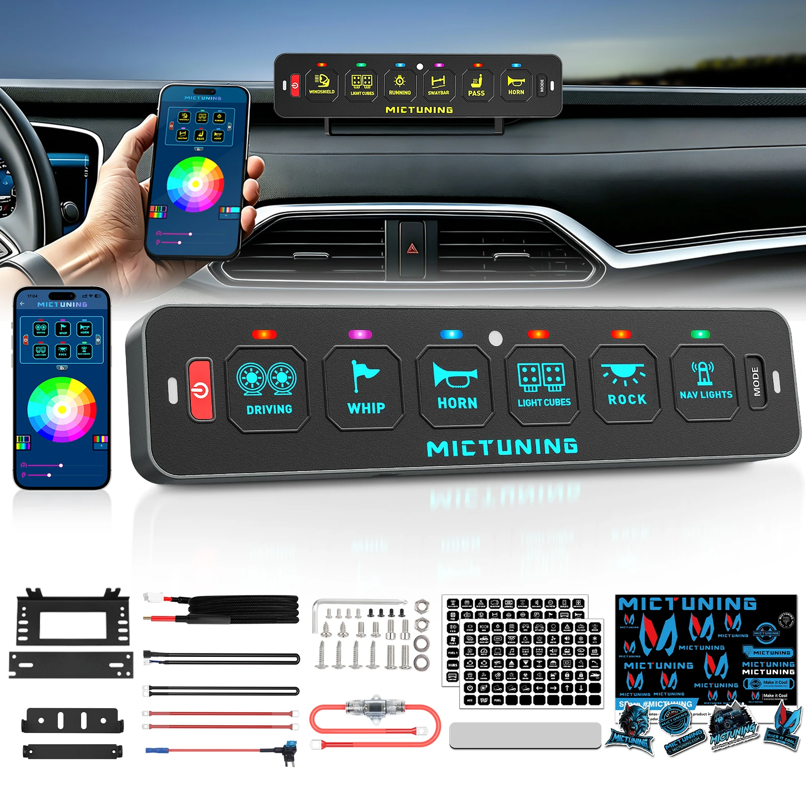 MICTUNING MS-A  6Gang Switch Panel App Control Slim Design, RGB Auto-dimming Backlit Relay System Box for Off Road Truck SUV UTV