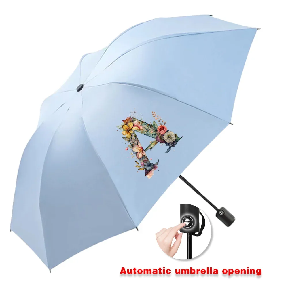 Automatic Umbrella Portable Sunshade Sunscreen Rain Umbrella Blue Handle Foldable Sun Rain Dual Travel floral letter Series