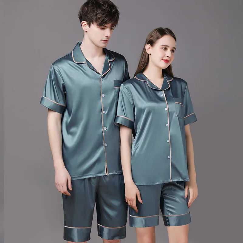 Summer Couple Silk Pajama Set 30% Mulberry Silk Short Sleeve Tops  Shorts Breathable Soft Sleepwear Men Women Home Loungewear