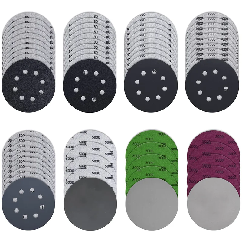 

5-дюймовая влажная и сухая наждачная бумага, 65 шт., 8 отверстий, без отверстий, различная зернистость 60-5000, для произвольных орбитальных шлифовальных машин, шлифовальной металлической деревянной мебели