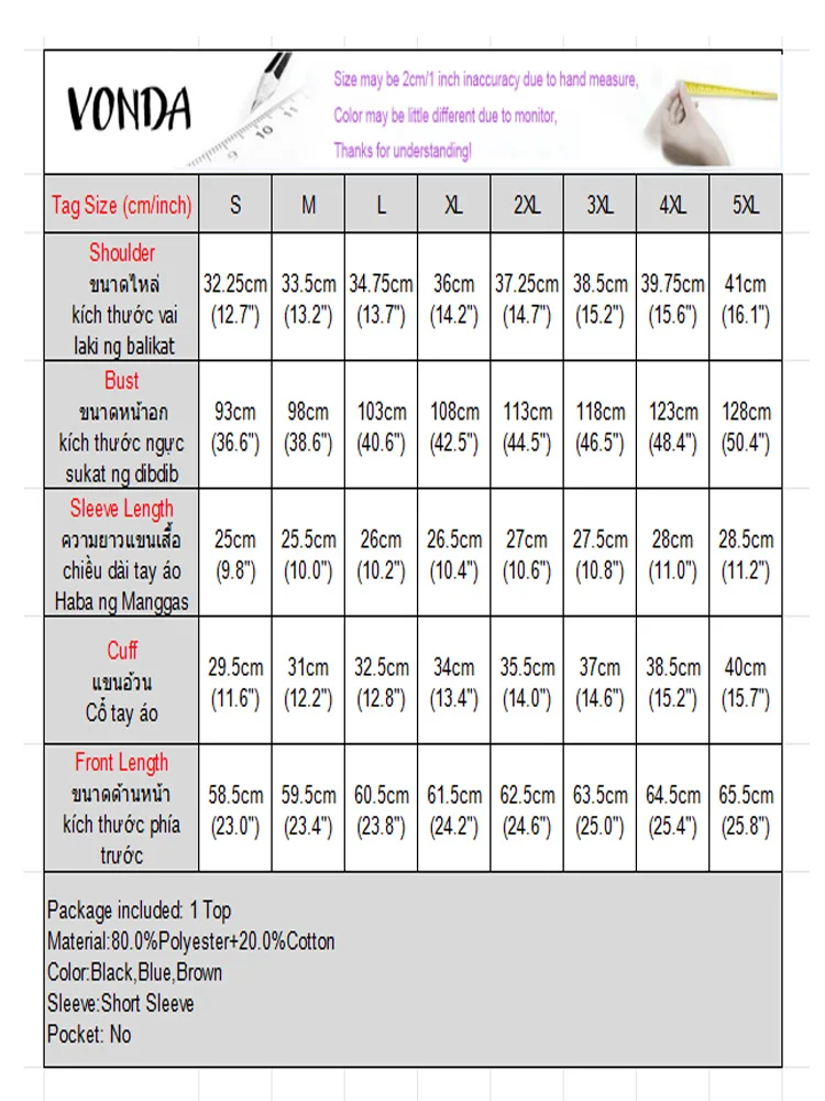 Koszule VONDA Fashion 2025 Damskie Bluzki w Kratę z Krótkim Rękawem Letnie z Kołnierzykiem Luźne Tuniki Casualowe Vintage Bluzki w Kratę Blusas Femininas