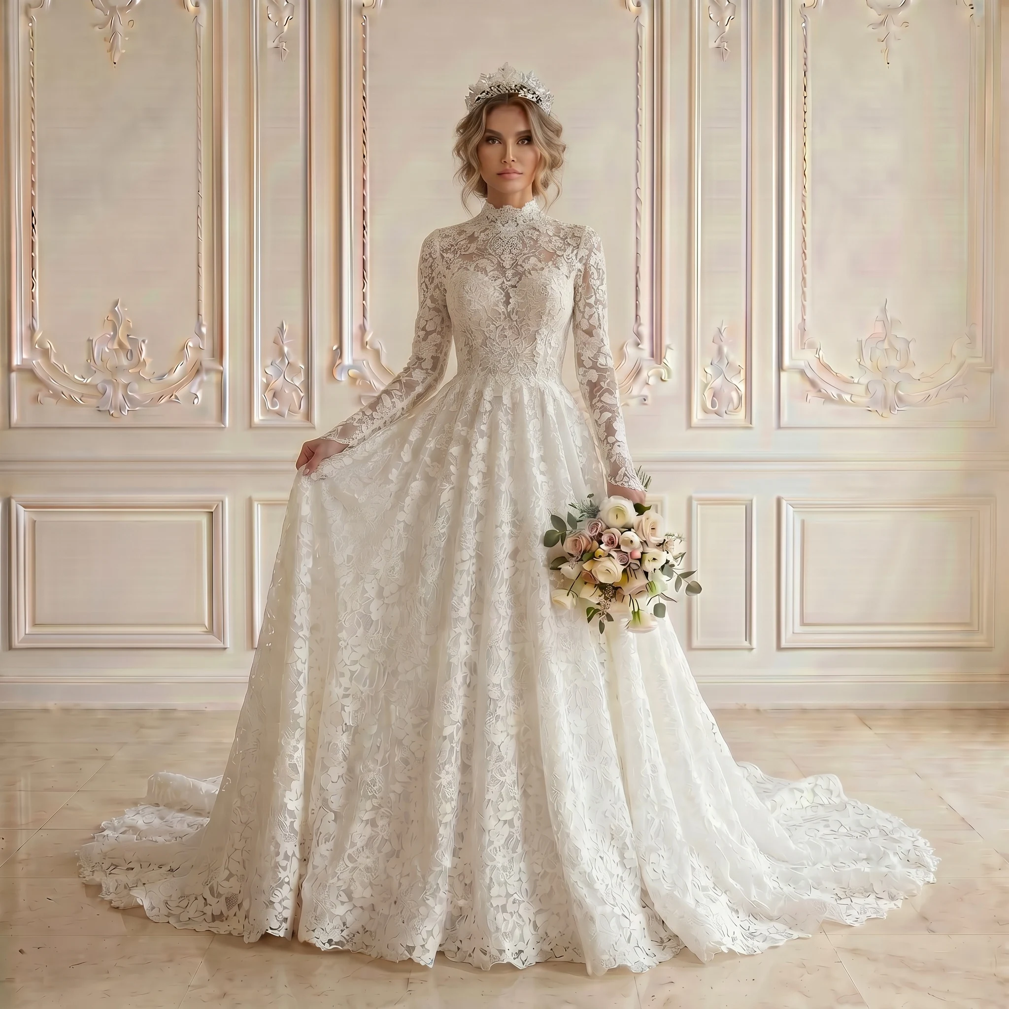 High Neck Long Sleeve A Line Wedding Dress Full Floral Lace Sheer Button Back Scalloped Chapel Train Vintage Bridal Gown