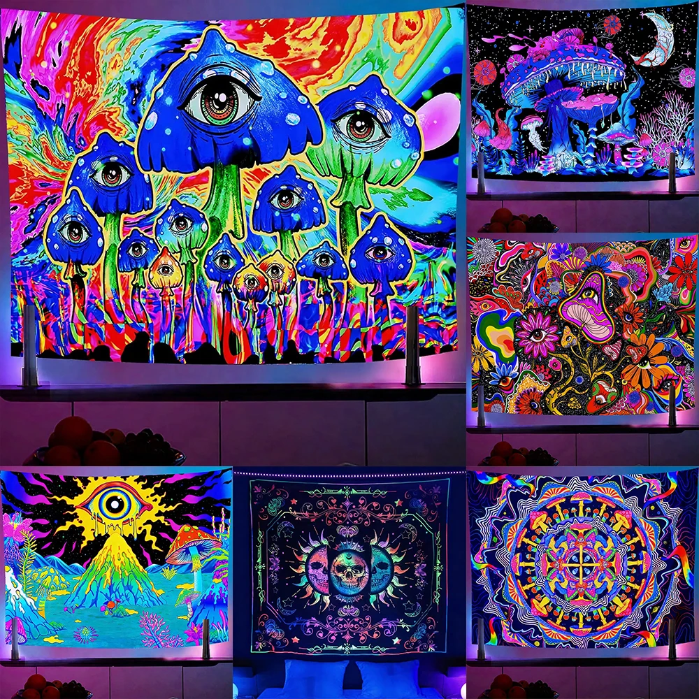 

Glow-in-the-Dark Tapestries with Colorful Mystical Designs UV reaction tapestry background decoration bedroom party decoration
