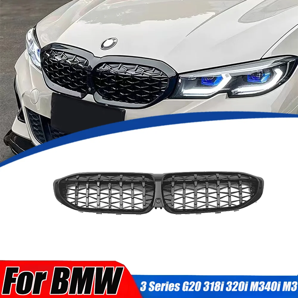 For BMW 3 Series G20 318i 320i M340i M3 2020 To 2022 Diamond Style Front Kidney Grill Sports Grille Glossy Black Body Refit Kit