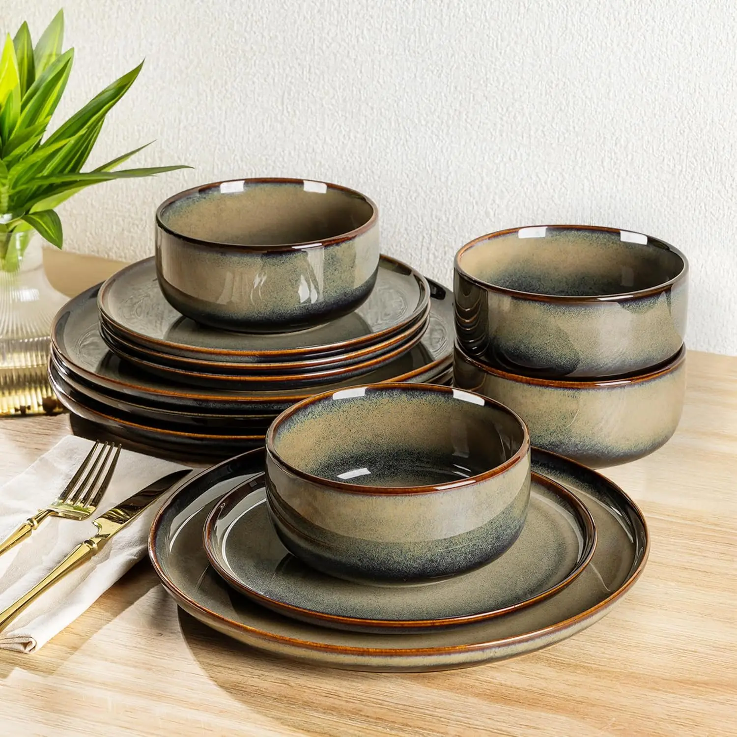 

Ceramic Dinnerware Sets for 4, 12 Pieces Handmade Reactive Glaze Plates and Bowls Set, Scratch