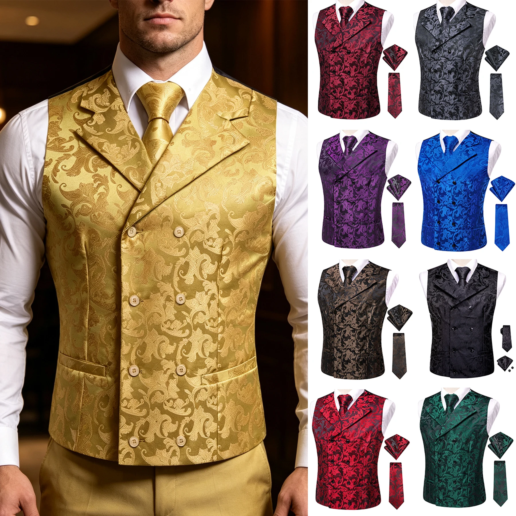 Men's Tropical Plant Jacquard Wide-lapel Suit Vest Double-Breasted Tie Pocket Square Cufflinks 4-Piece Set Suitable For Wedding