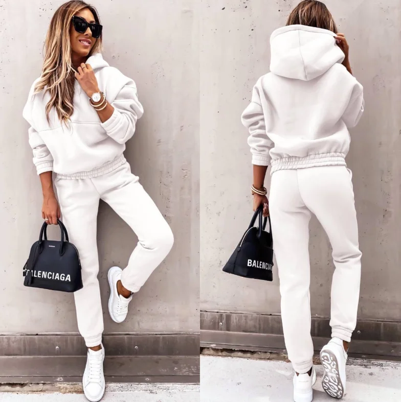 Winter-Trainingsanzug für Damen, zweiteiliges Set – übergroßer Kapuzen-Jogginghose, einfarbiger Sportanzug | Lässiges Sweatshirt-Hosen-Set – Detail 8
