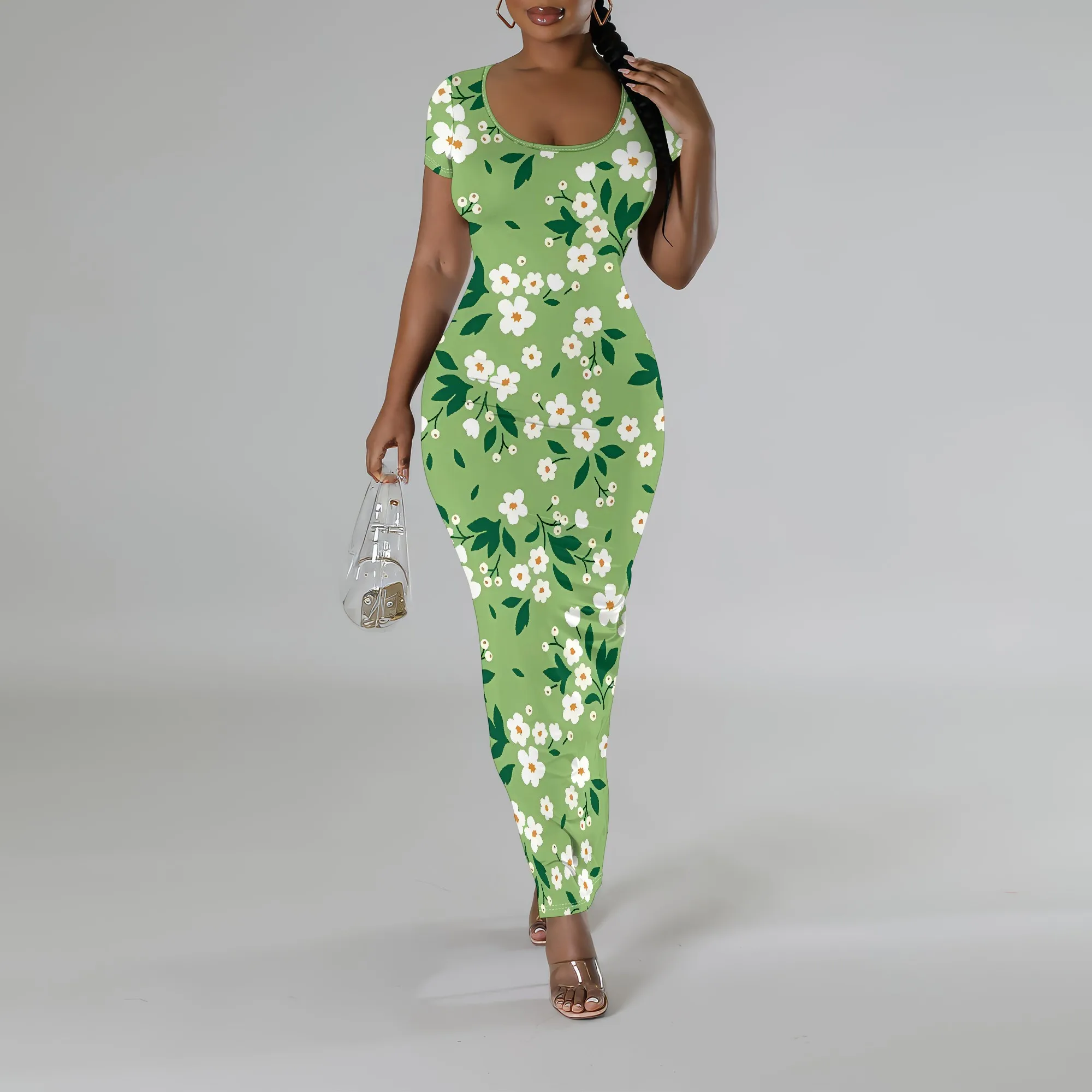 

Nupusa Floral Print Maxi Dress for Women Standard Size Summer Casual Square Neck Short Sleeve Bodycon Dress