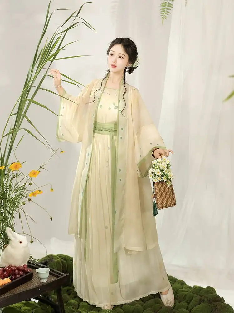 

New Song System Hanfu Women Improve Summer Daily Sleeved Over-dress Coat Chinese Traditional Dress Pleated Skirt Suspenders