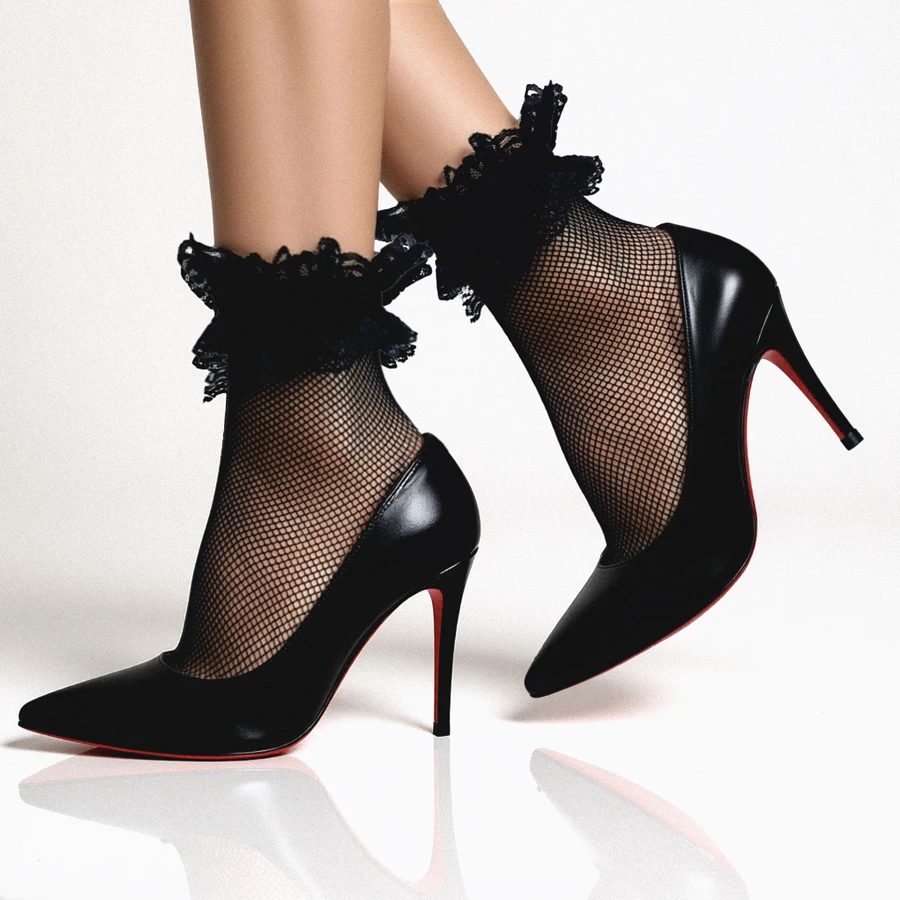 Sexy Übergrößen-Netzstrumpfhose mit Spitzenbesatz, Atmungsaktive Fischnetzstrümpfe, Schwarze Feinmaschige und Weiße Mittelmaschige Bestickte Kurzsocken – Detail 2