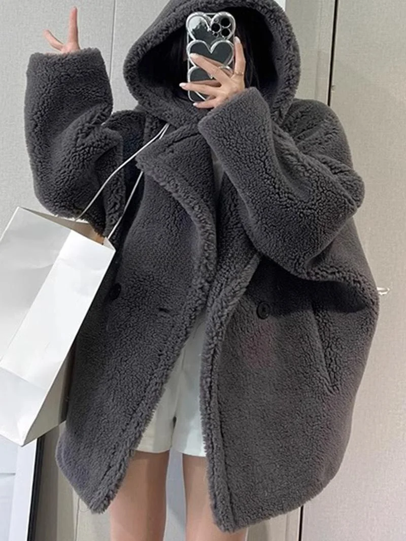 

ROUJE KEFSS2024 Women's ort Coat Hat Particle Fur Winter New Outerwear Long Sve ape Sanlass ape Coat