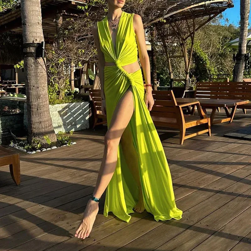 Neue Sommer Elegante Frauen Sexy Tiefem V Cut Out Schlitz Maxi Kleid Mode Lässig Ärmellose Taille Aushöhlen Outfits Dame Langes Kleid – Detail 15