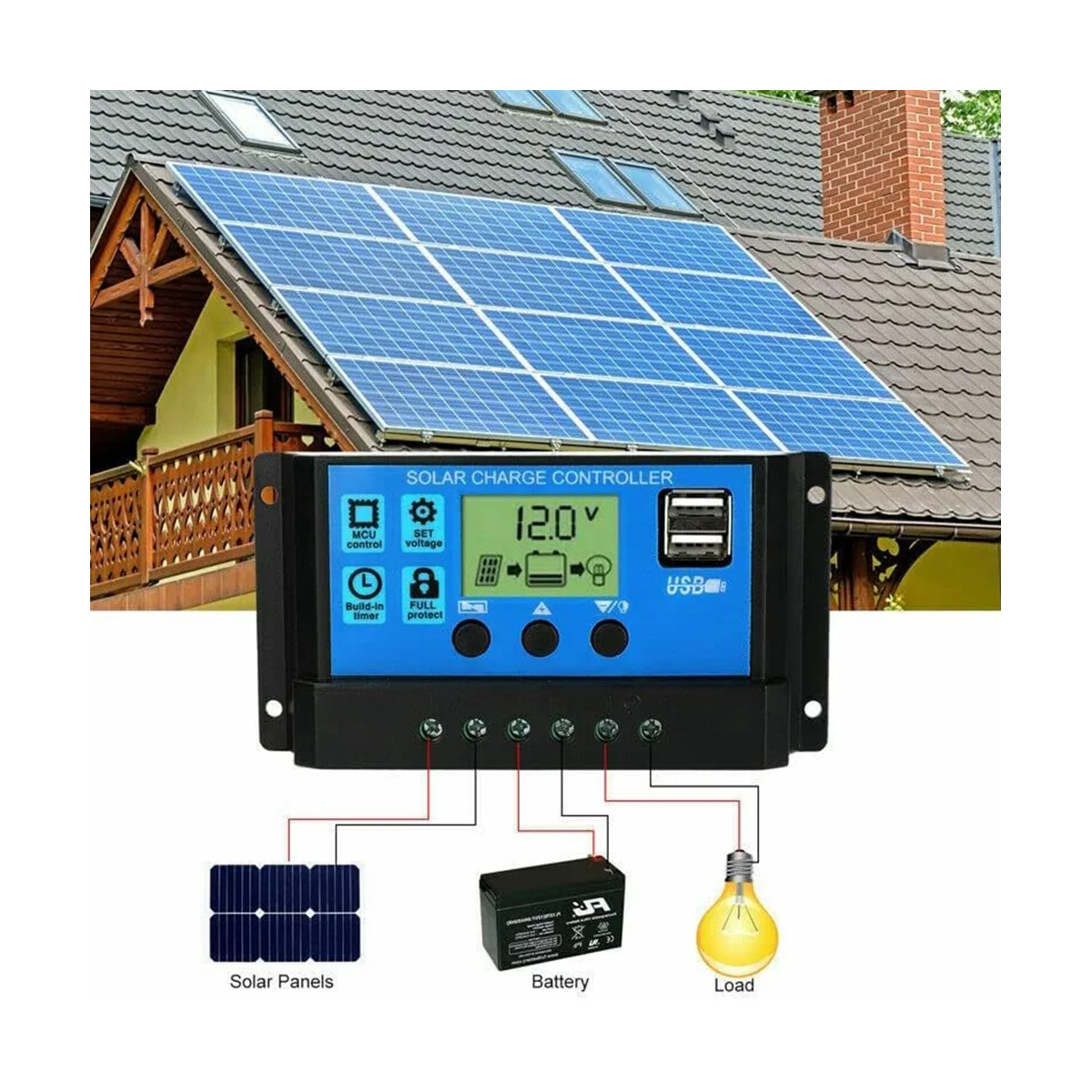 100A Solar Charge Controller, Solar Panel Battery Intelligent Regulator with Dual USB Port, Multi-Function Controller