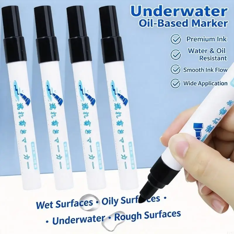 Wet-Writing Marker Set, 4 Black Writing Markers Oil Based for Labeling Wet, Underwater, and Maintenance and Rainy F19E