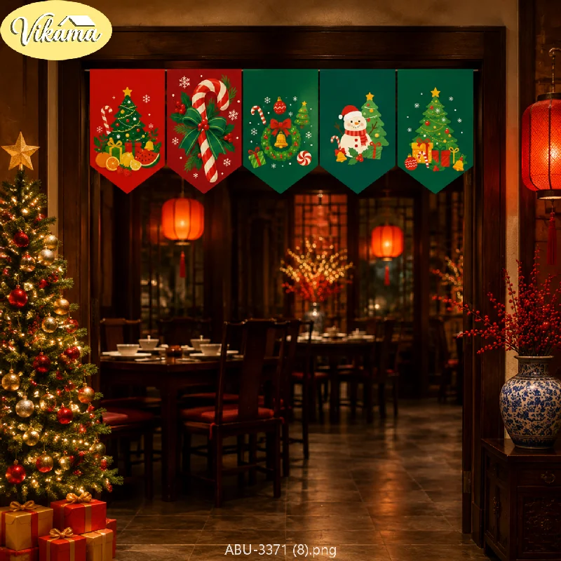 VIKAMA Christmas Chinese Style Red Green Pennant Banner Tree Candy Cane Wreath Snowman Fruit Door Hanging Bedroom Living Room