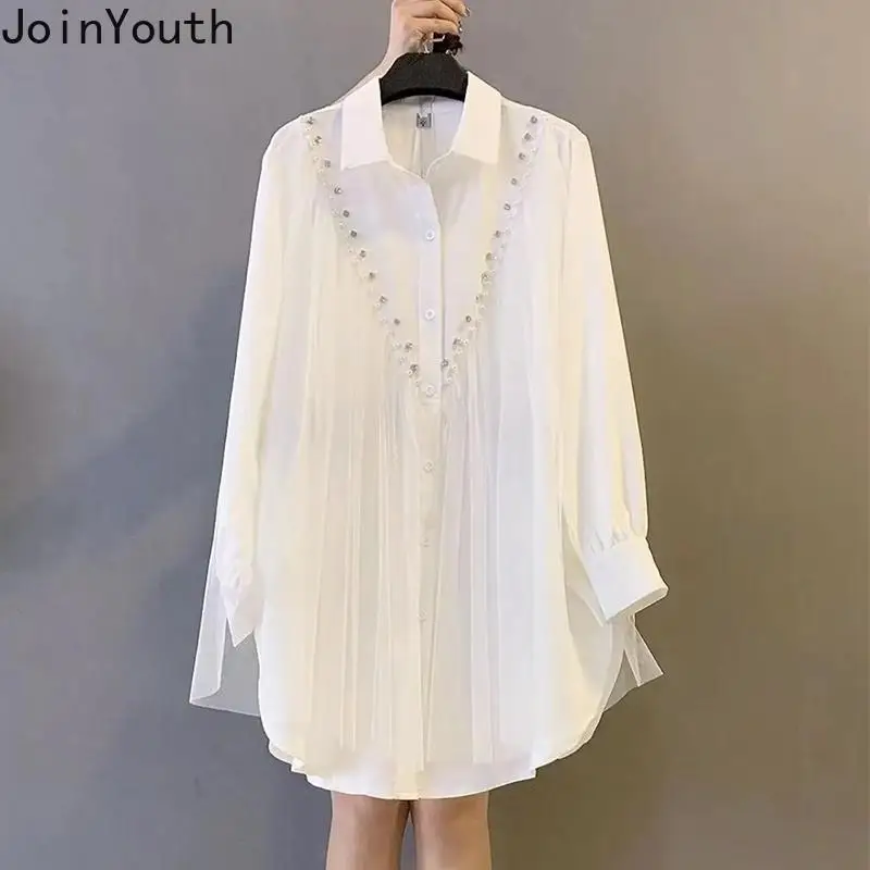 Oversized Tops 2024 Blouses for Women Fashion Summer Long Sleeve Shirts Turndown Collar Beading Pleated White Vintage Blouse