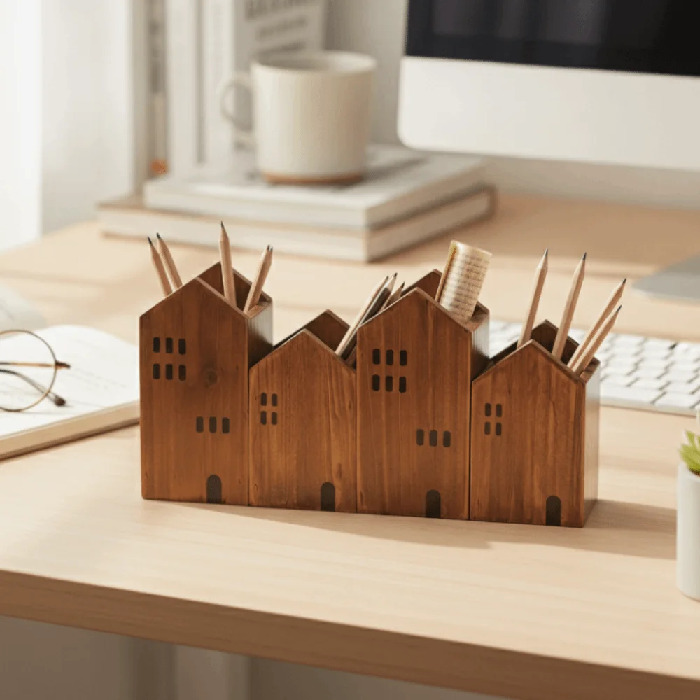 2PCS Wooden House Shape Pen Container Cartoon Vintage Cottage Shape Pen Holder Polished Surface Desktop Organizer Gift
