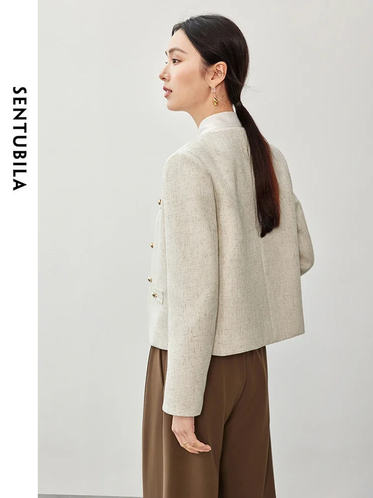 SENTUBILA Women Elegant Tweed Jackets 2026 Spring Texture Straight V Neck Long Sleeve Letter Metal Button Short Coat 161WA6903X